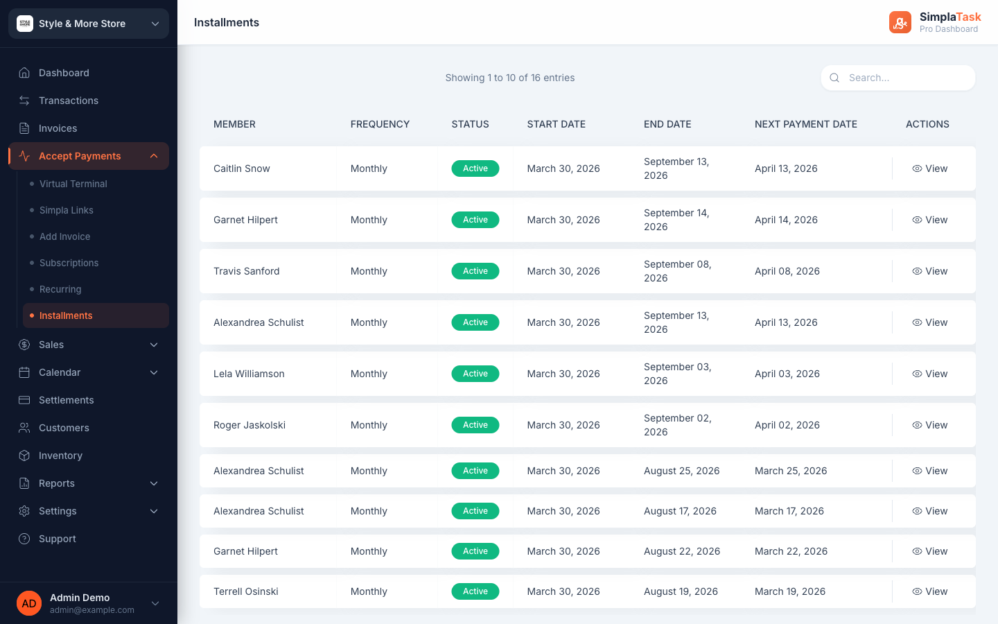 SimplaTask Installments list — 16 active installment plans with start date, end date, and next payment date