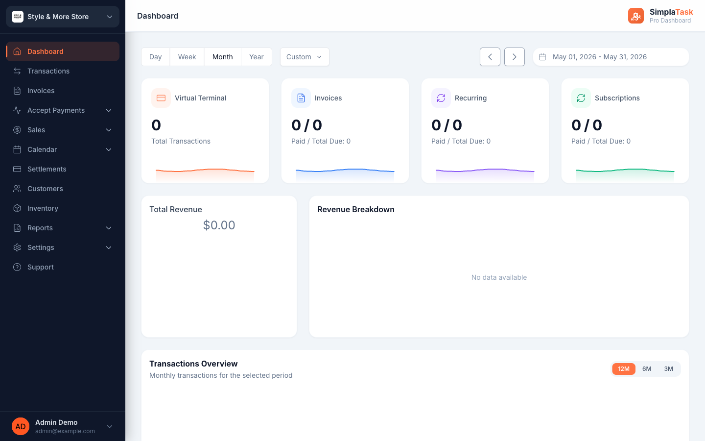 Panel de SimplaTask — 4 tarjetas de KPI, ingresos totales, desglose de ingresos, gráfico de transacciones, con selector de rango día/semana/mes