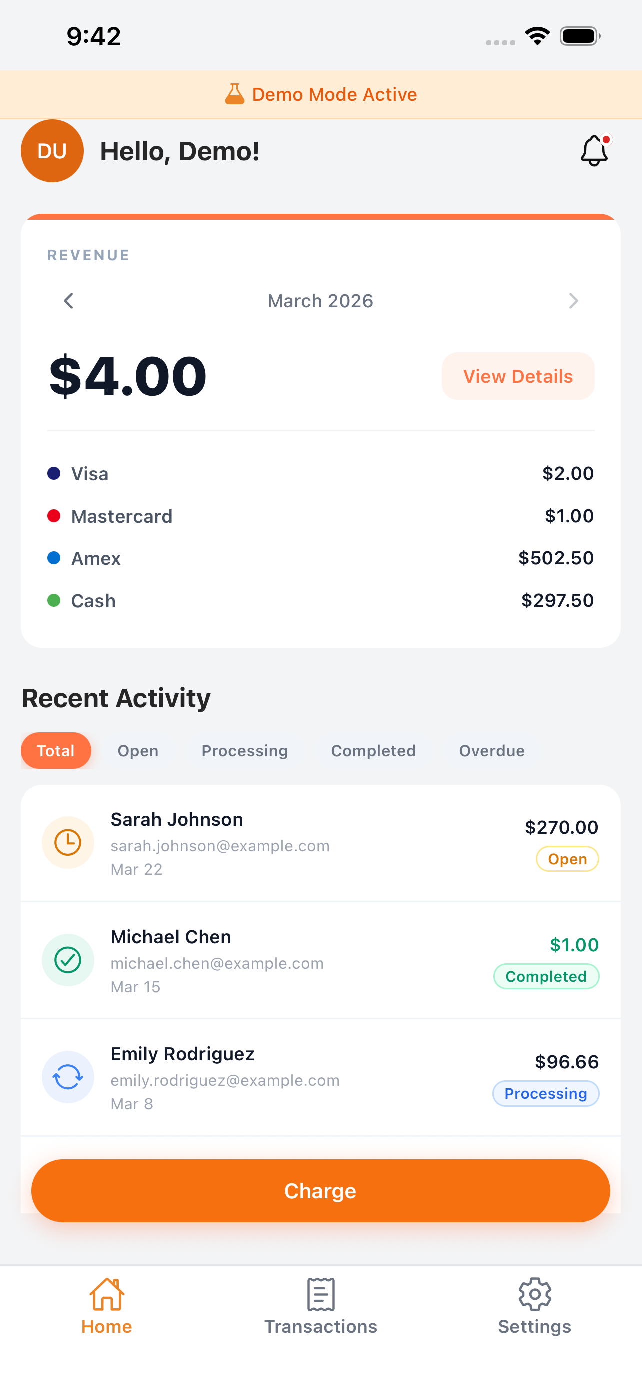 SimplaTask mobile app home dashboard showing revenue and recent transactions