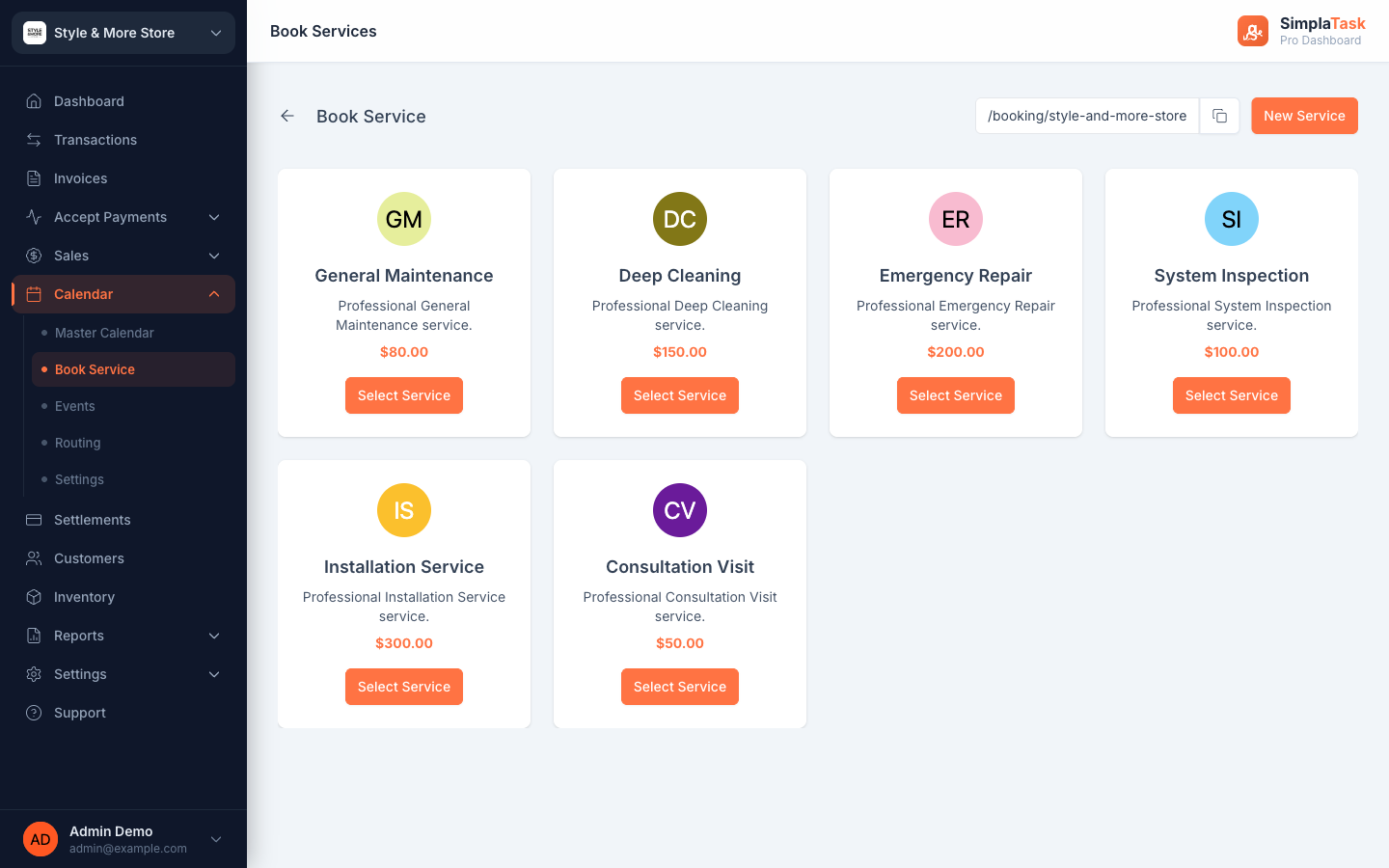 Reservar Servicios de SimplaTask — catálogo de servicios visible para el cliente con precios y un CTA Seleccionar Servicio por servicio