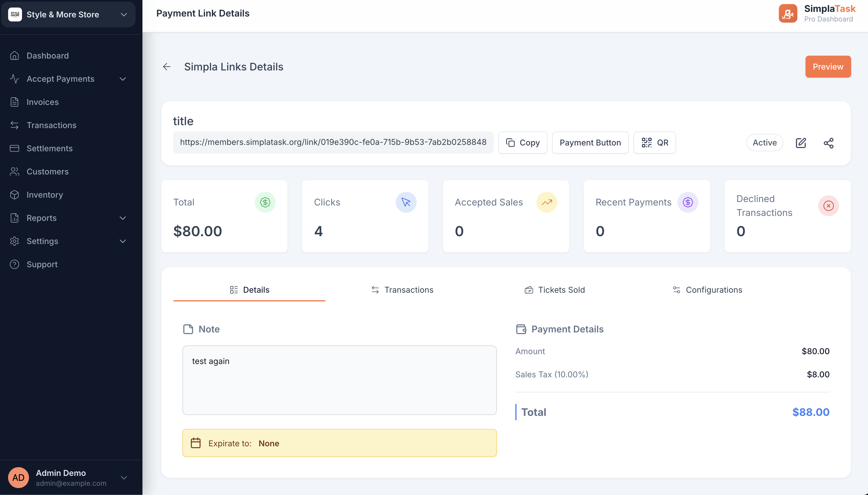 Panel de detalles de Payment Link de SimplaLinks — URL del enlace, acciones de copia y QR, estadísticas de clics, ventas aceptadas y pagos recientes, con desglose de detalles del pago